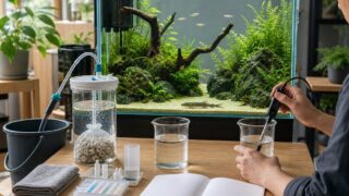 健康な淡水魚水槽の前で水槽水と使用水を別容器に採りpH測定と換水準備をする飼育者