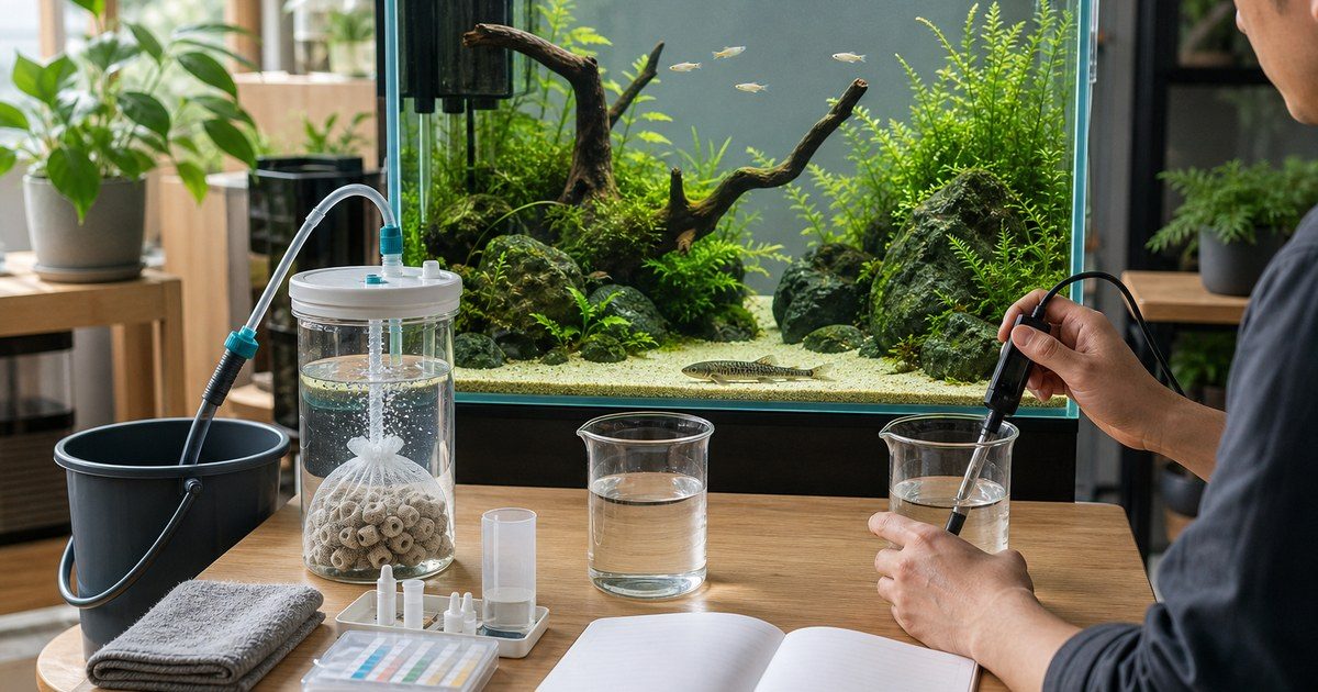 健康な淡水魚水槽の前で水槽水と使用水を別容器に採りpH測定と換水準備をする飼育者