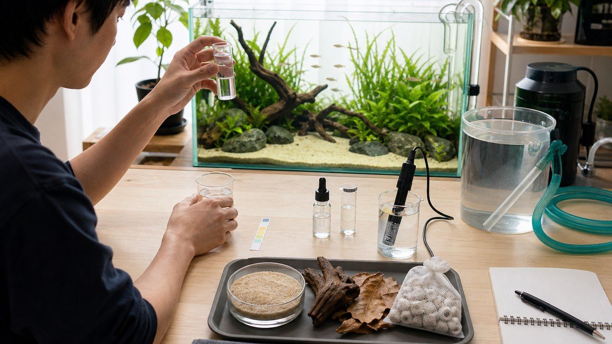 水槽水と使用水の採水容器に試験紙・液体試薬・pHメーターを用意し管理全体を確認する作業台