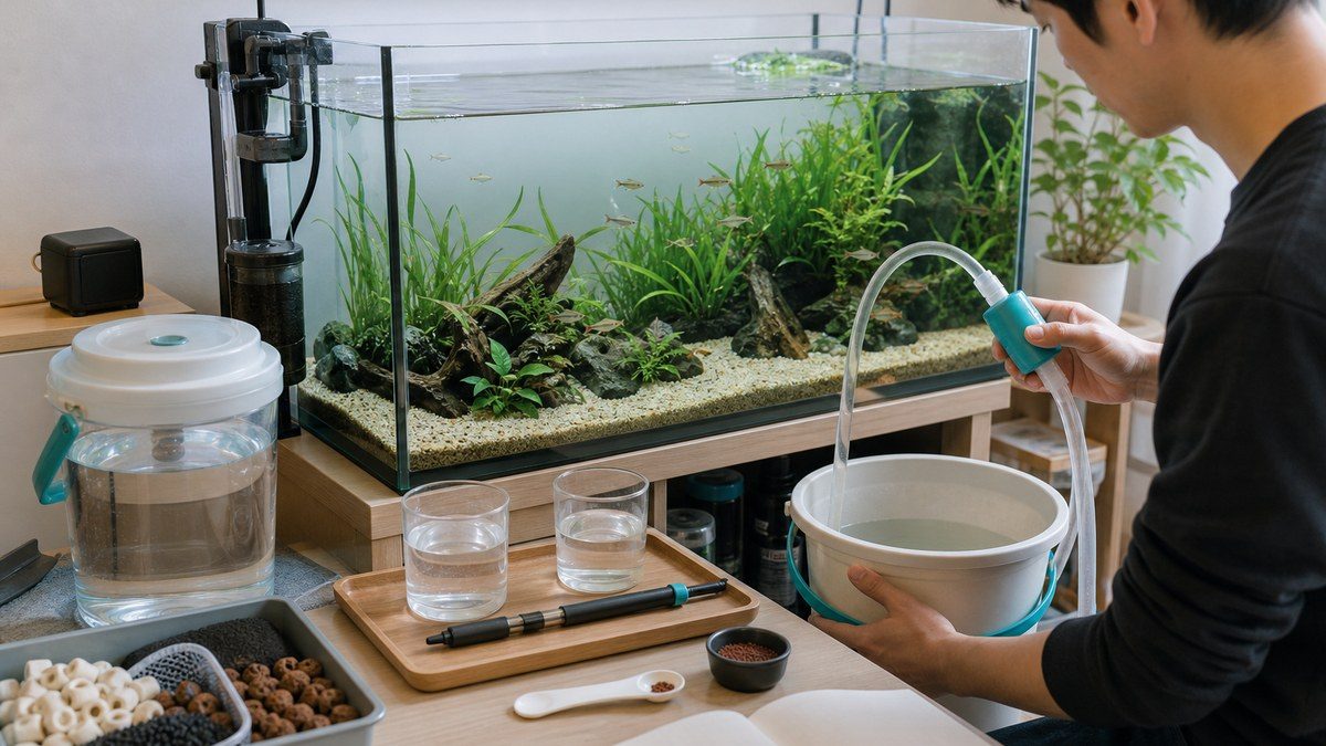 健康な淡水魚水槽で採水測定と準備水を使った部分換水を行い記録を残す日常管理