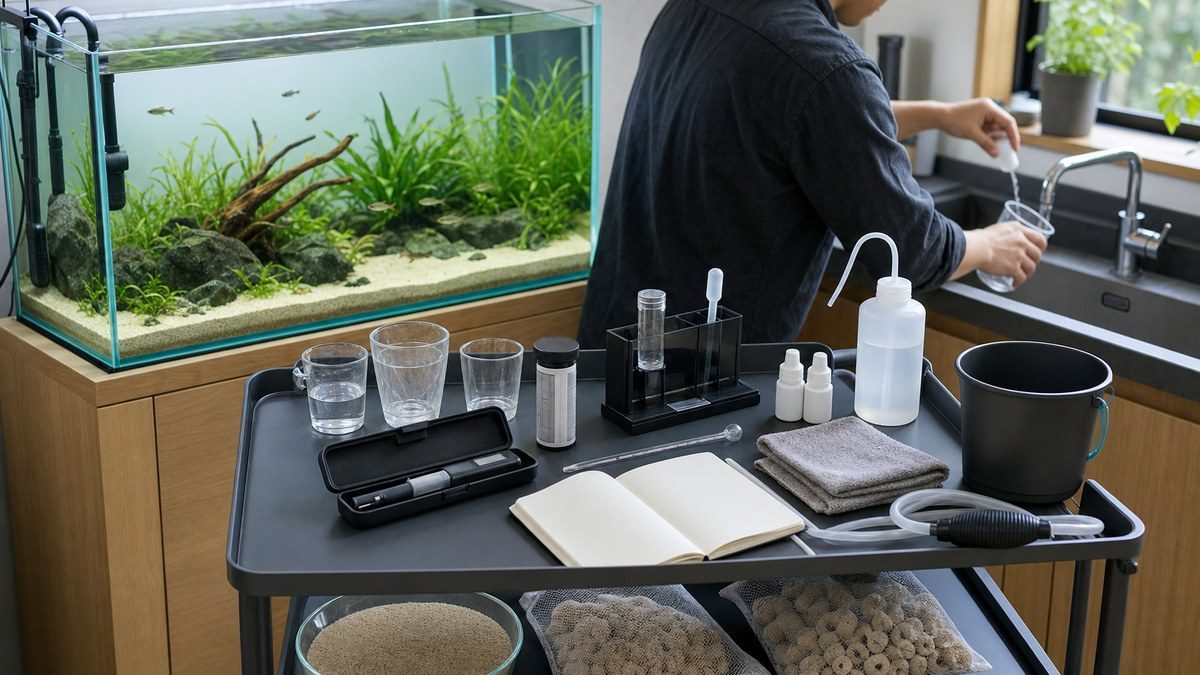 採水容器・試験紙・液体試薬・pHメーター・校正用品・温度計・換水道具を整えた作業台