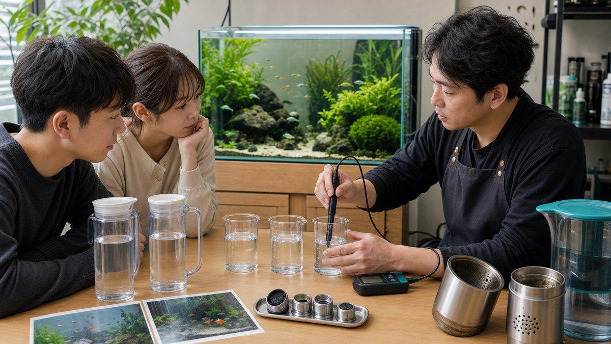 別の家庭から持参した二つの透明な水道水試料を同じ採水容器とpHメーターで比較する相談台