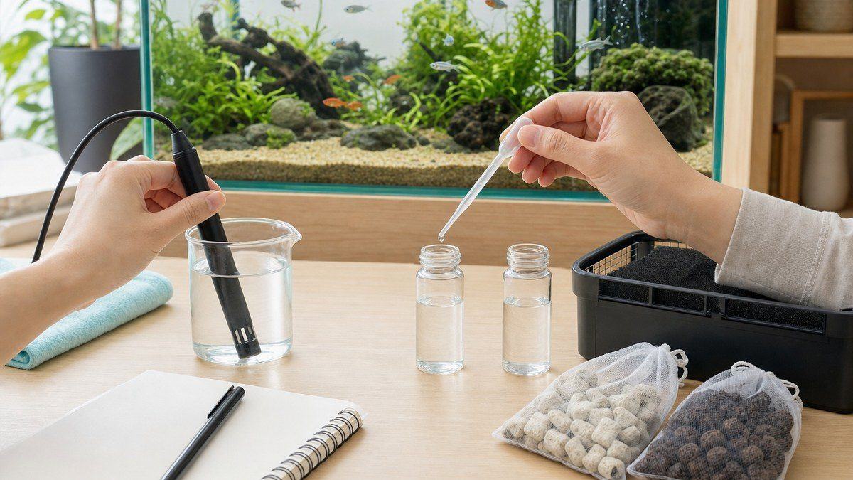 同じ水槽水を別試料に分けpHメーターとKH用液体試薬で緩衝能を確認する作業台