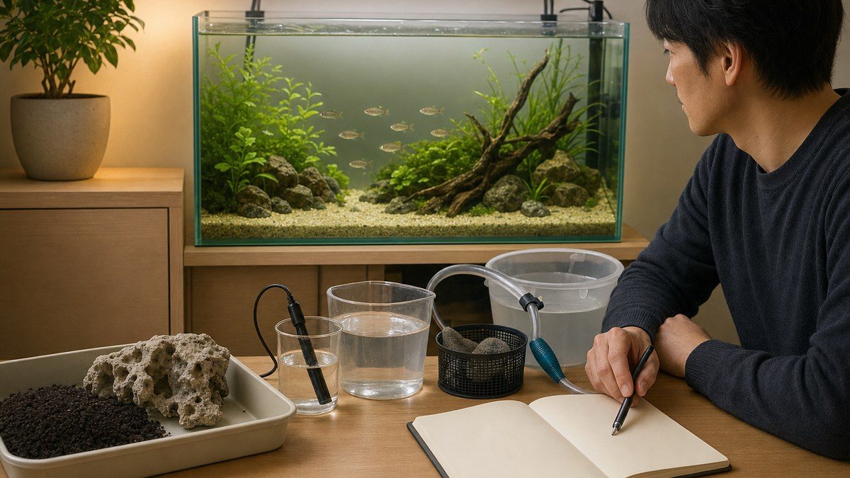 不適切だった底砂と石を水槽外へ分け健康な淡水魚を見ながら採水測定と換水記録を見直す飼育者