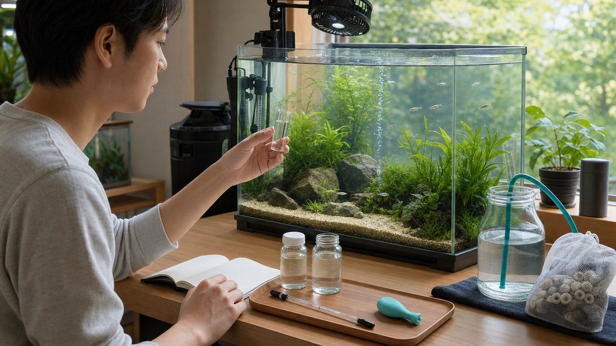 窓辺の淡水魚水槽でヒーター・冷却ファン・遮光・エアレーションを確認し採水測定する飼育者