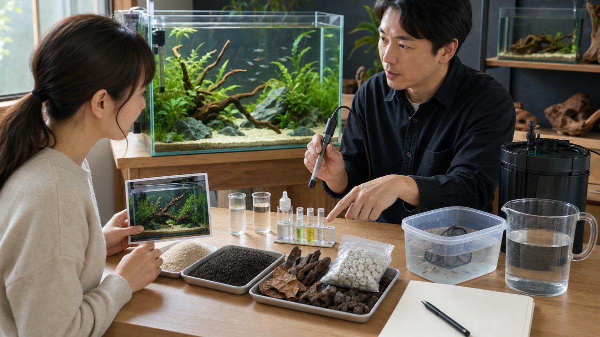 水槽水と使用水の試料や底砂・流木・ろ材・水合わせ容器を前にpH管理を相談する二人