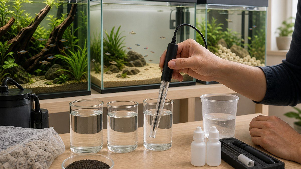 同じように透明な三つの水試料を別々のビーカーに採り校正したpHメーターで確認する様子