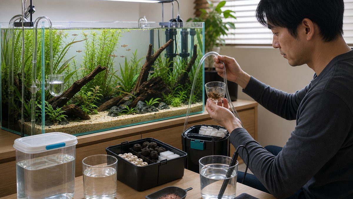照明と水草・CO2・ろ過材・底砂・流木・給餌量・使用水を一つずつ点検する淡水魚水槽