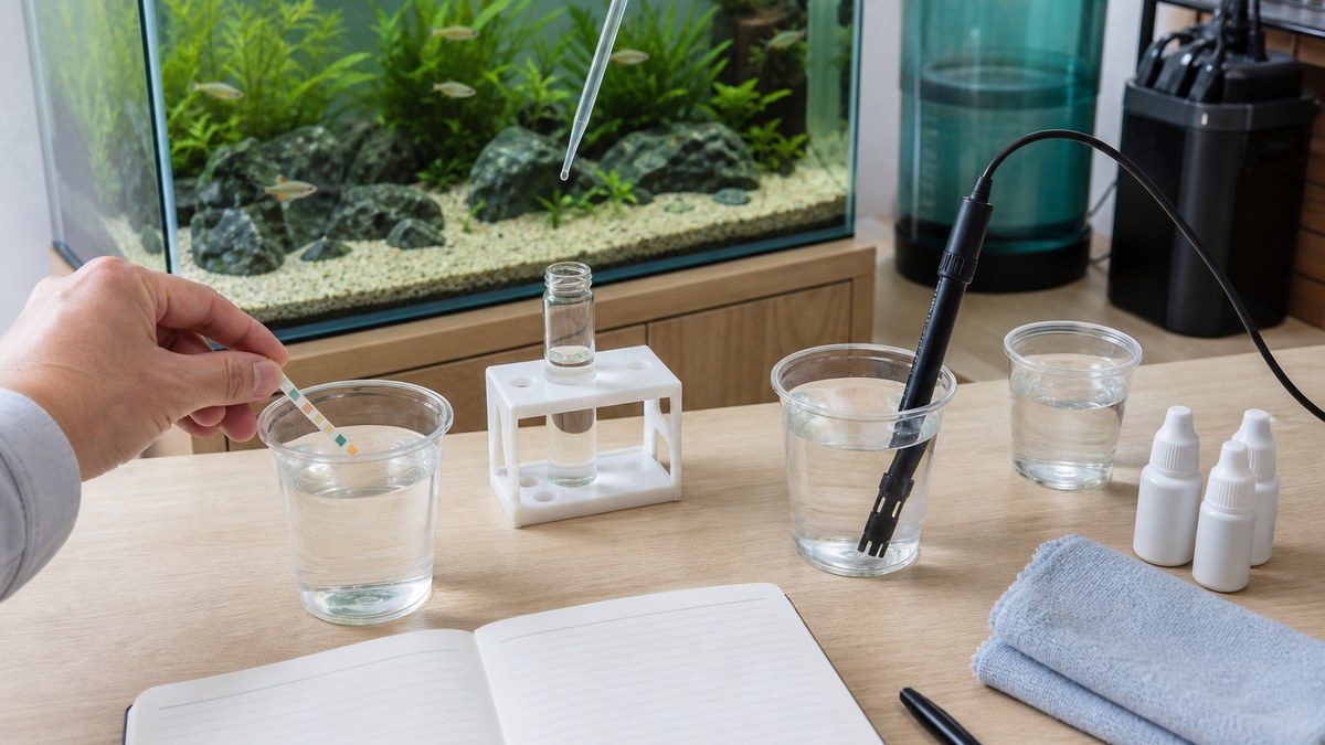 三つの採水容器でpH試験紙・液体試薬・校正済みデジタルメーターを使い分ける作業台