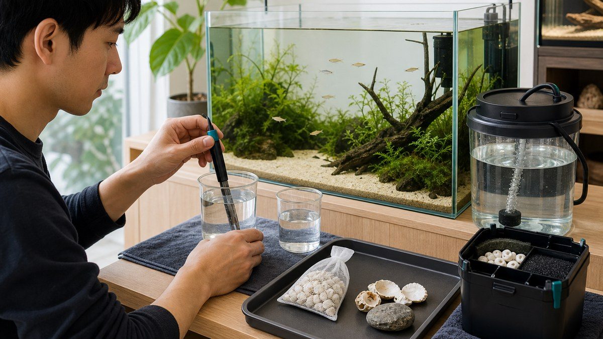 水槽水と準備水を測定し炭酸塩を含むろ材袋を外部フィルター用に少量準備する飼育者