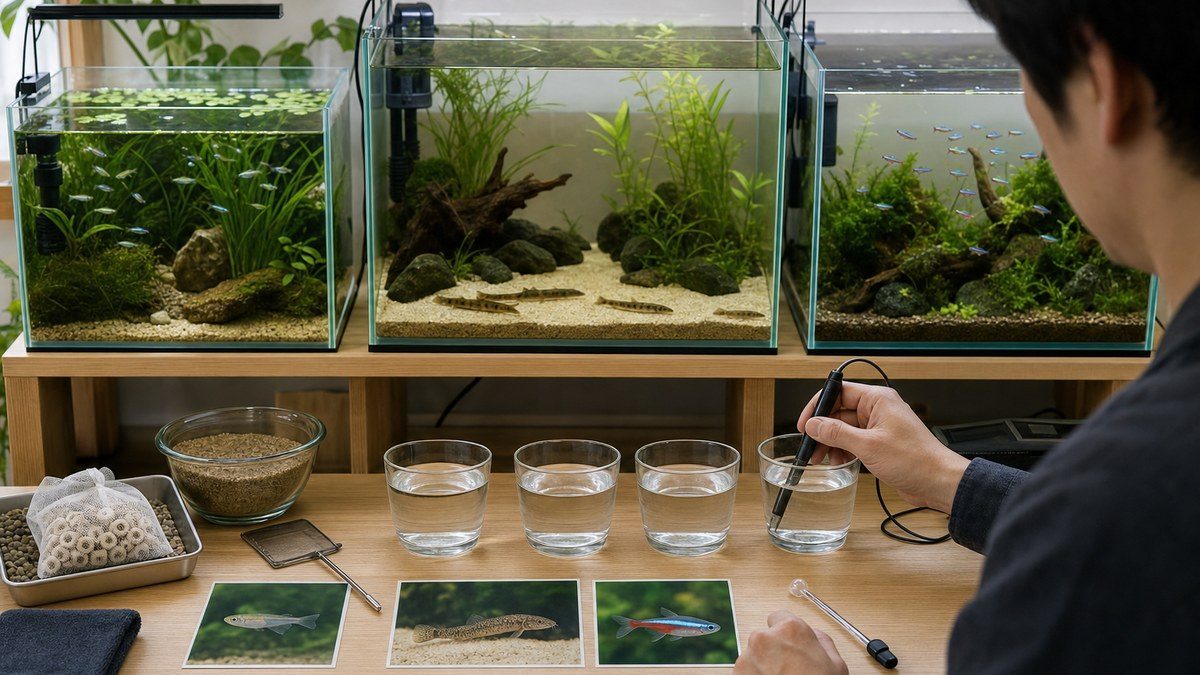 メダカ・ドジョウ・小型熱帯魚を別々の生息環境で飼い各水槽の採水試料を比較する飼育室