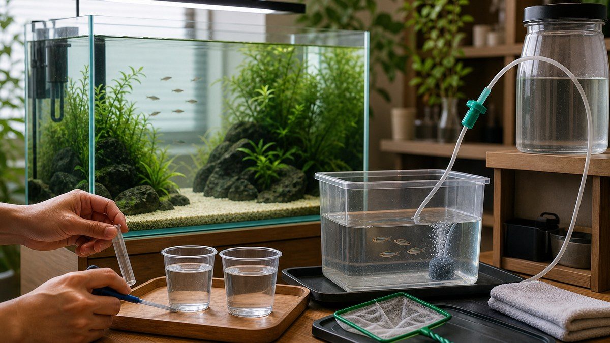 輸送水と受け入れ水を別容器で測り健康な魚を点滴式の隔離容器でゆっくり水合わせする様子