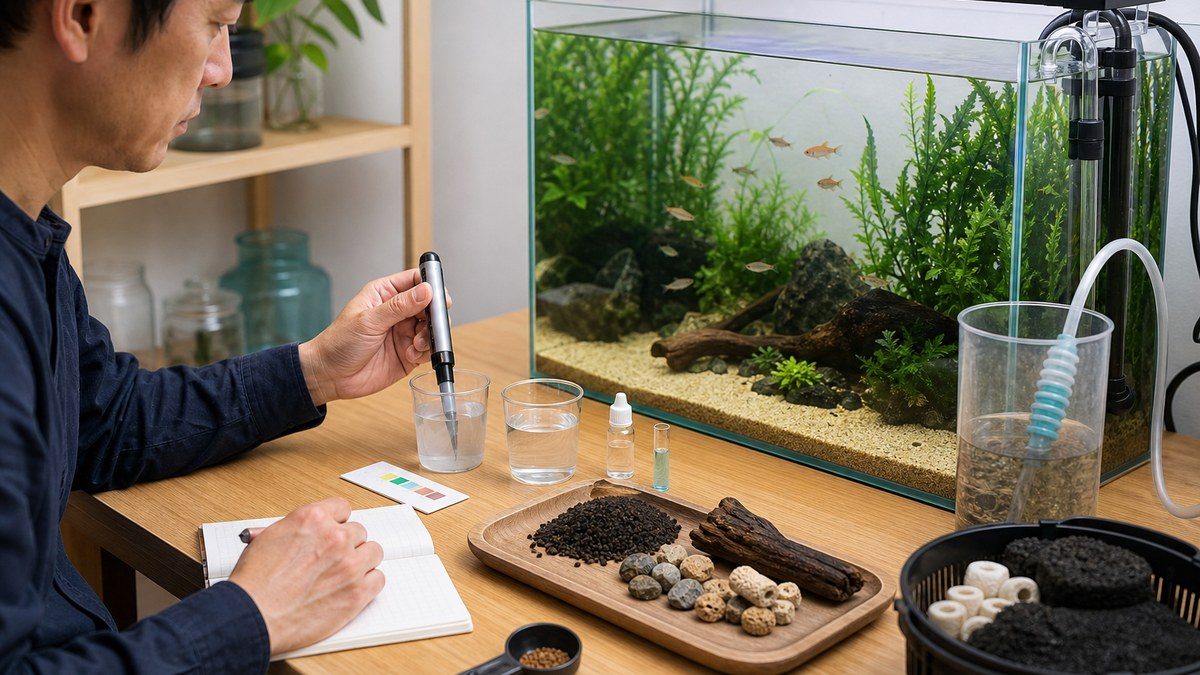 水槽水と使用水を測り直し校正液・底砂・流木・ろ材・汚れを順に確認する水質診断台