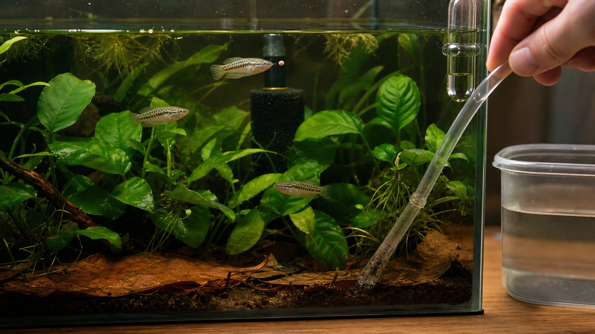 ピグミーグラミー水槽を細いサイフォンで部分換水し小粒の餌を与える様子