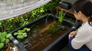 日陰とエアレーションを整えた夏の屋外メダカ容器を観察する様子