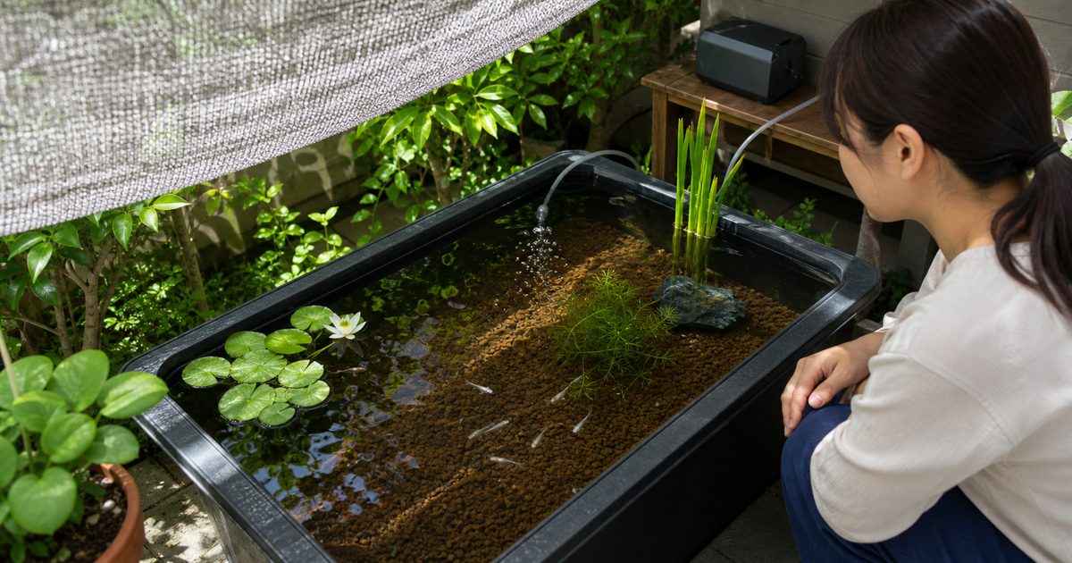 日陰とエアレーションを整えた夏の屋外メダカ容器を観察する様子