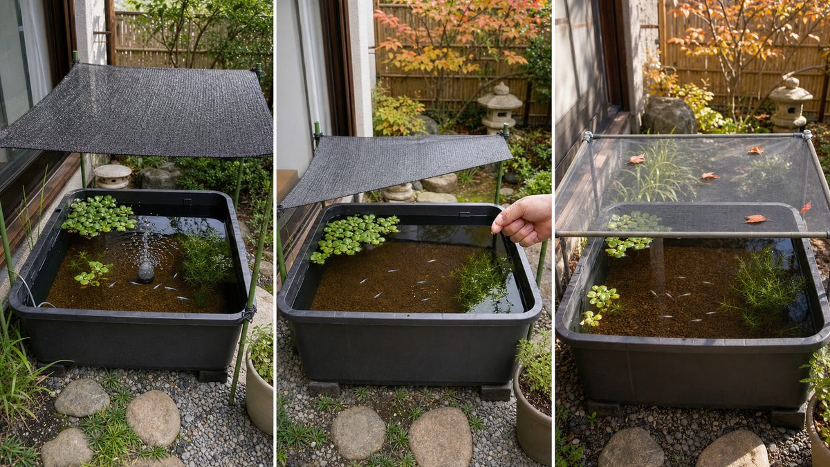夏後半から秋に向けてメダカ容器の日陰を減らし落ち葉ネットを準備する流れ