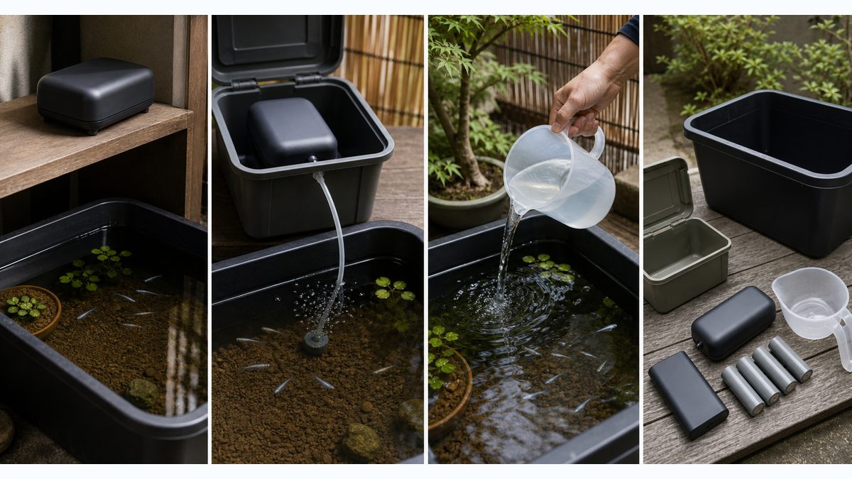 停電時に電池式エアポンプと容器内の水を使った水面攪拌で酸素を補う手順
