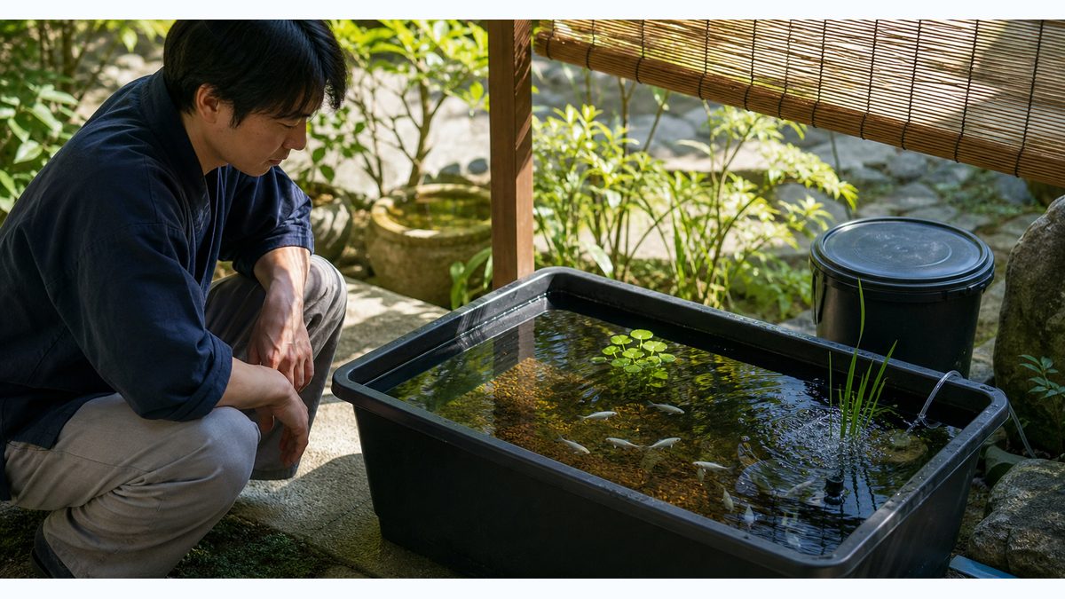 日陰と穏やかなエアレーションを整えたメダカ容器を毎朝観察する飼育者