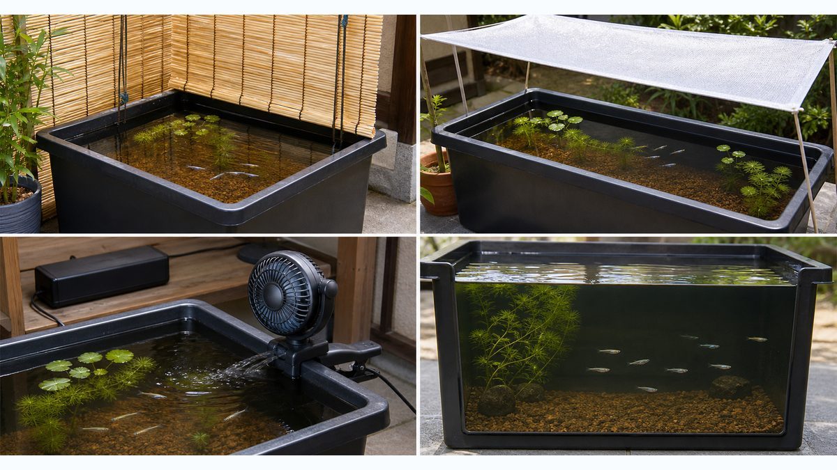よしず・遮光ネット・送風・深い水量で屋外プラ舟の水温上昇を抑える方法