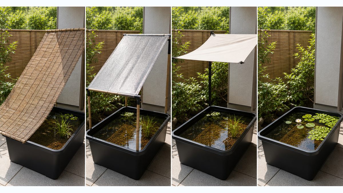 よしず・反射性遮光ネット・布製オーニング・水草で作るメダカ容器の日陰