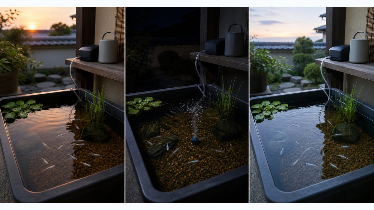 夕方から明け方まで穏やかなエアレーションでメダカ容器の水面を動かす様子