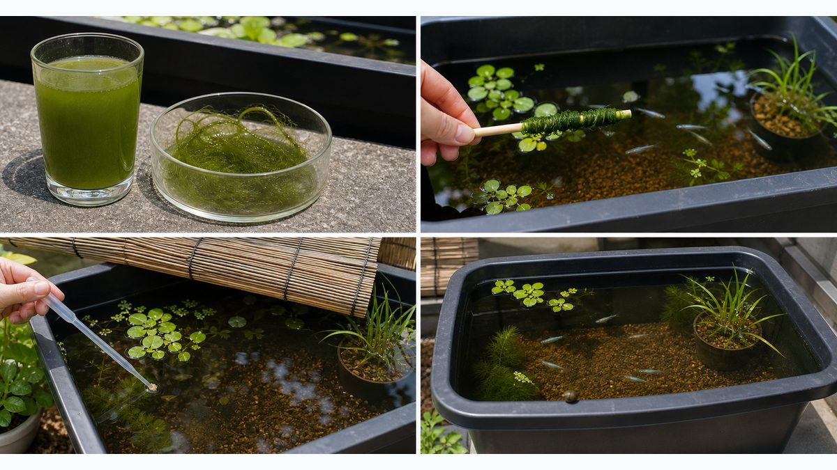 緑色の水と糸状藻を見分け、アオミドロ除去と日陰調整を行う手順