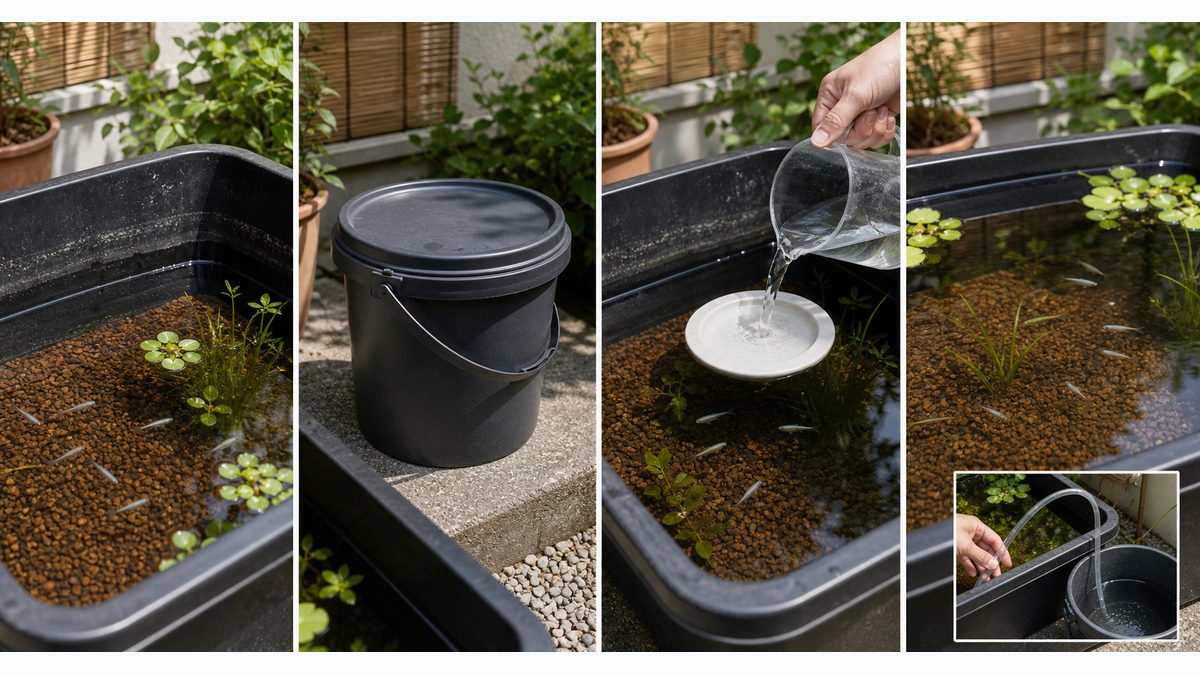 蒸発したメダカ容器へ温度をなじませた水をゆっくり足し水する手順