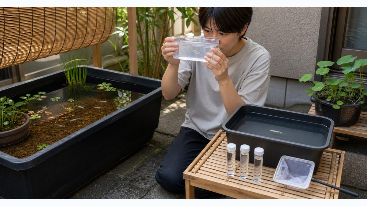 健康なメダカを観察容器で確認し、別容器へ隔離して水質を点検する流れ