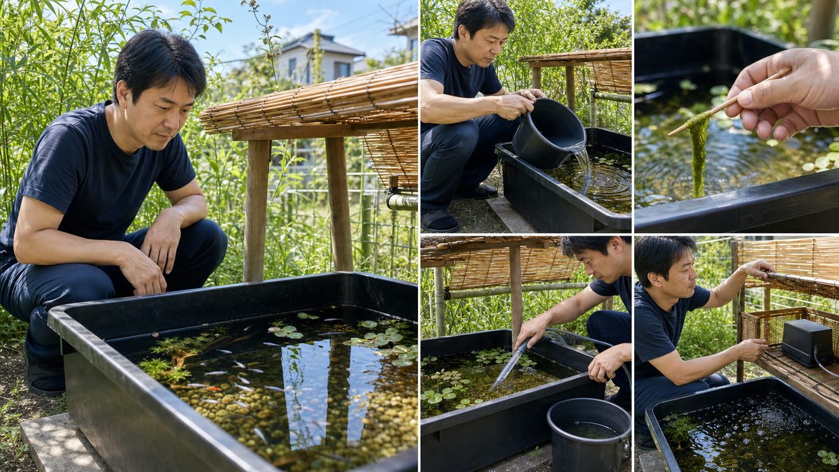 夏の池とプラ舟で、朝の観察に足し水・藻類除去・底掃除・遮光と機材の点検を組み合わせる週間管理ルーチン