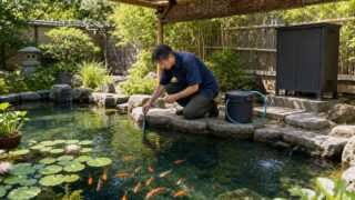 日よけとエアレーションを設置し水温と水位を確認する夏の日本庭園池
