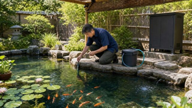 日よけとエアレーションを設置し水温と水位を確認する夏の日本庭園池
