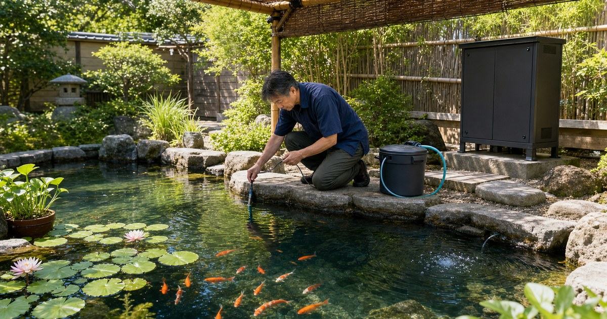 日よけとエアレーションを設置し水温と水位を確認する夏の日本庭園池