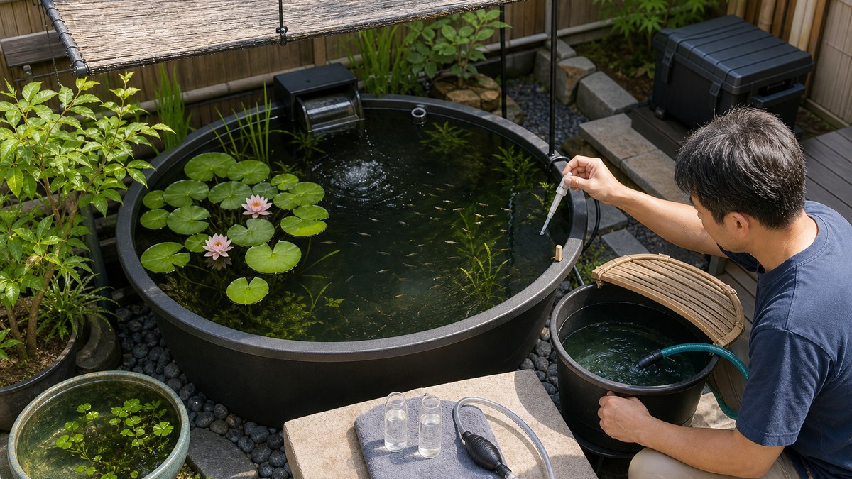 遮光・水生植物・曝気・水温水位測定・準備水をまとめたメダカ池の夏対策