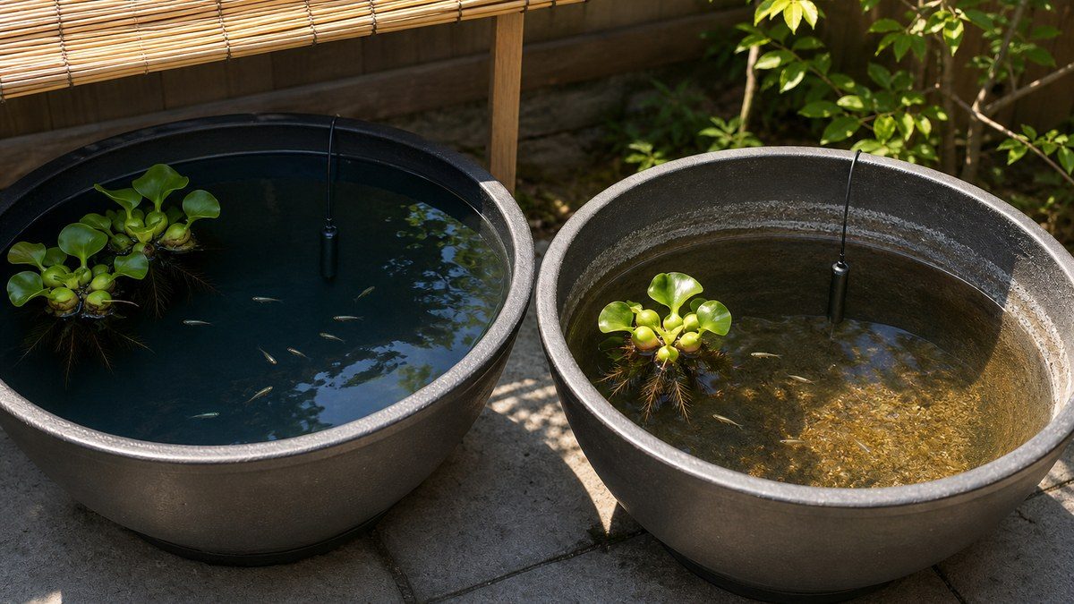 日陰で水位を保つメダカ容器と日なたで水位が下がった同型容器の比較