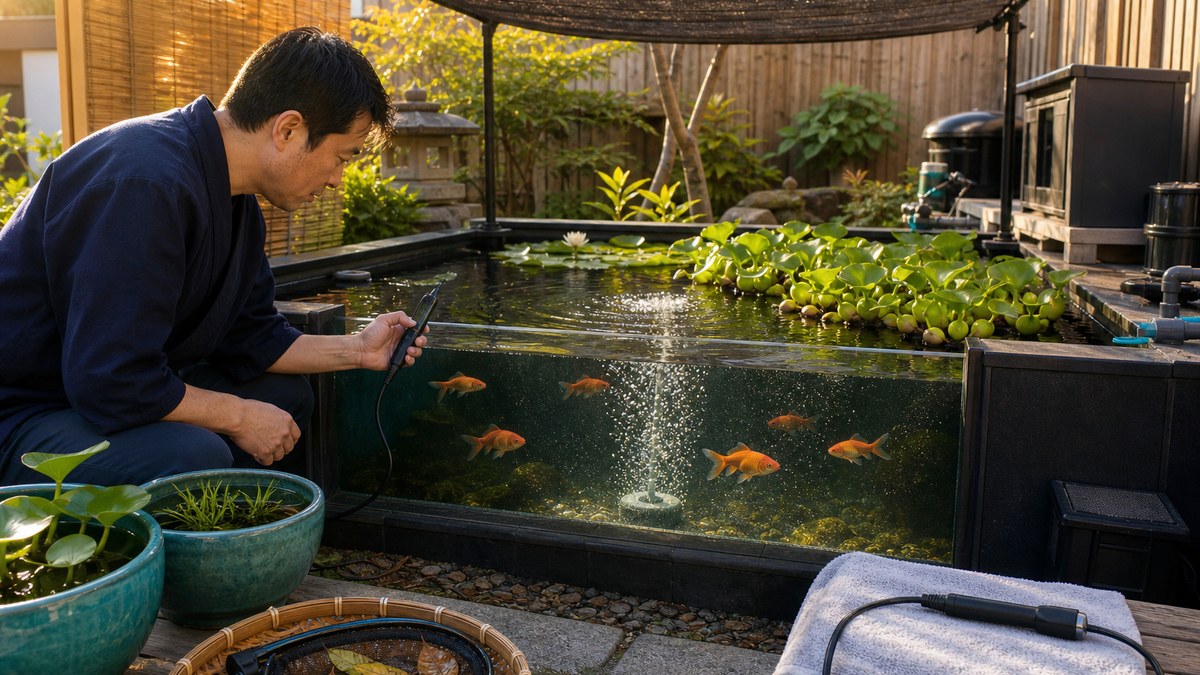 遮光した清潔な池で曝気と幅広い戻り水を確認し健康な単尾金魚を見守る様子