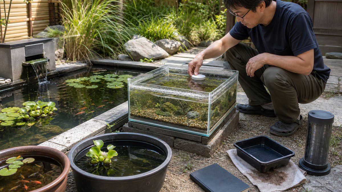 池側面の白い水位痕と固定浮きを見ながら周囲の濡れを確認する夏の蒸発点検