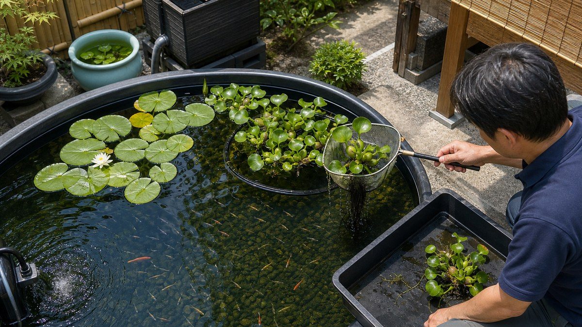 ホテイアオイを枠内に保ち間引きして開いた水面と曝気を確保したメダカ池