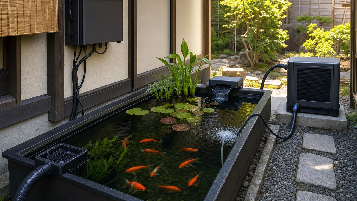 建物の日陰に池を置きチラーとエアレーションと防水電源を乾燥地帯へ配置した金魚池