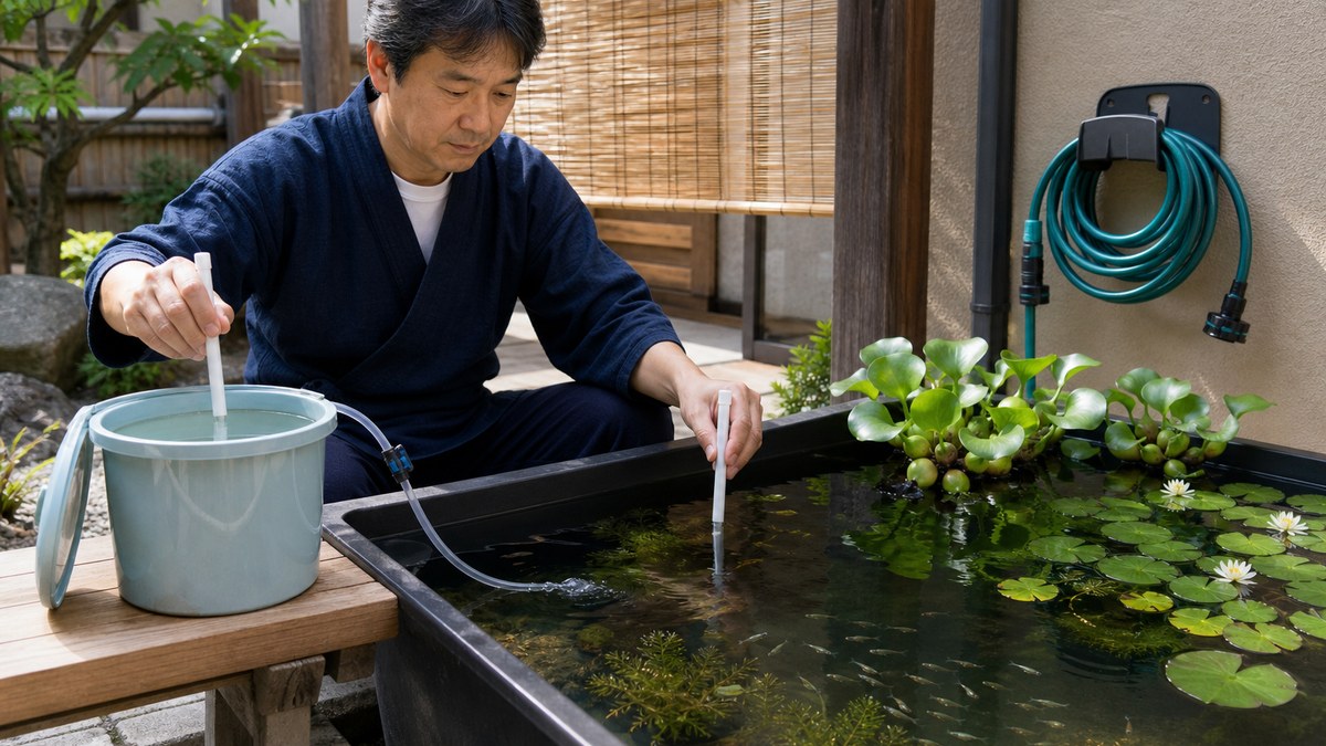 池とバケツの水温を別プローブで確かめ細い透明ホースで準備水を少量ずつ加える様子
