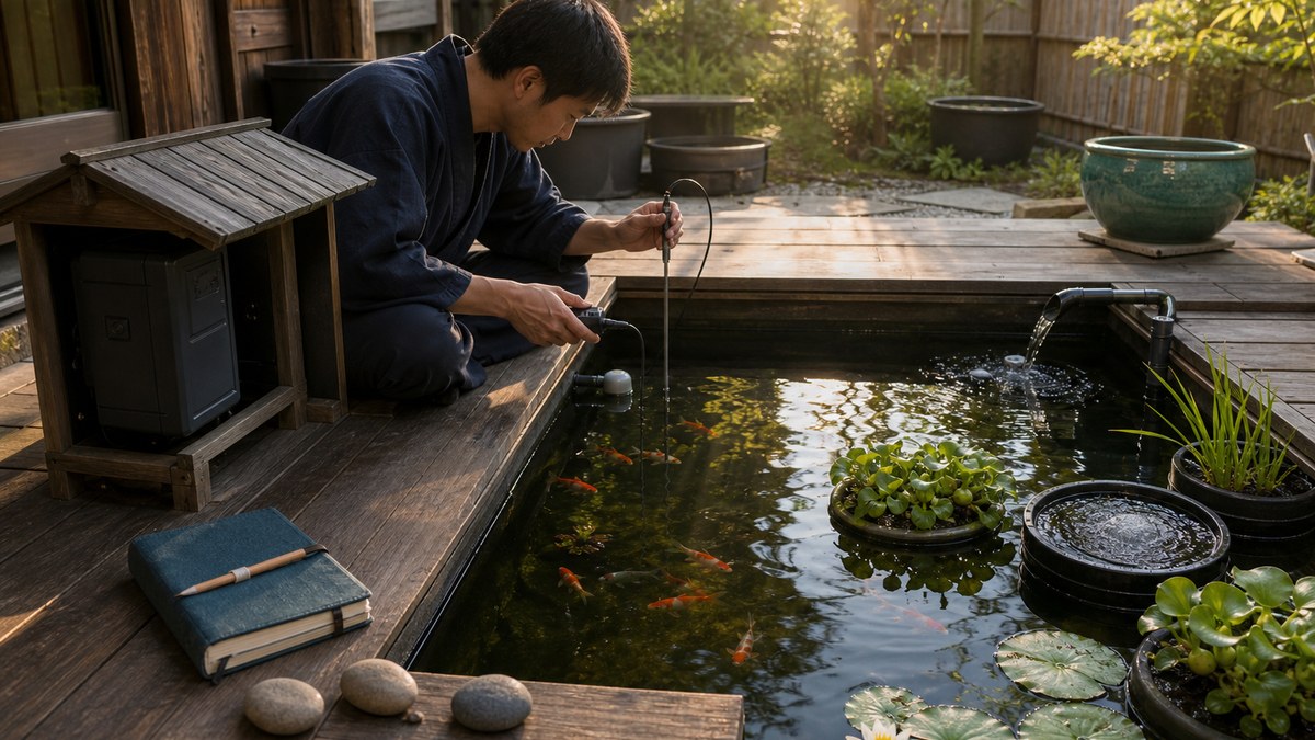 毎回同じ日陰の位置で固定プローブと手持ちプローブと水位浮きを確認する金魚池