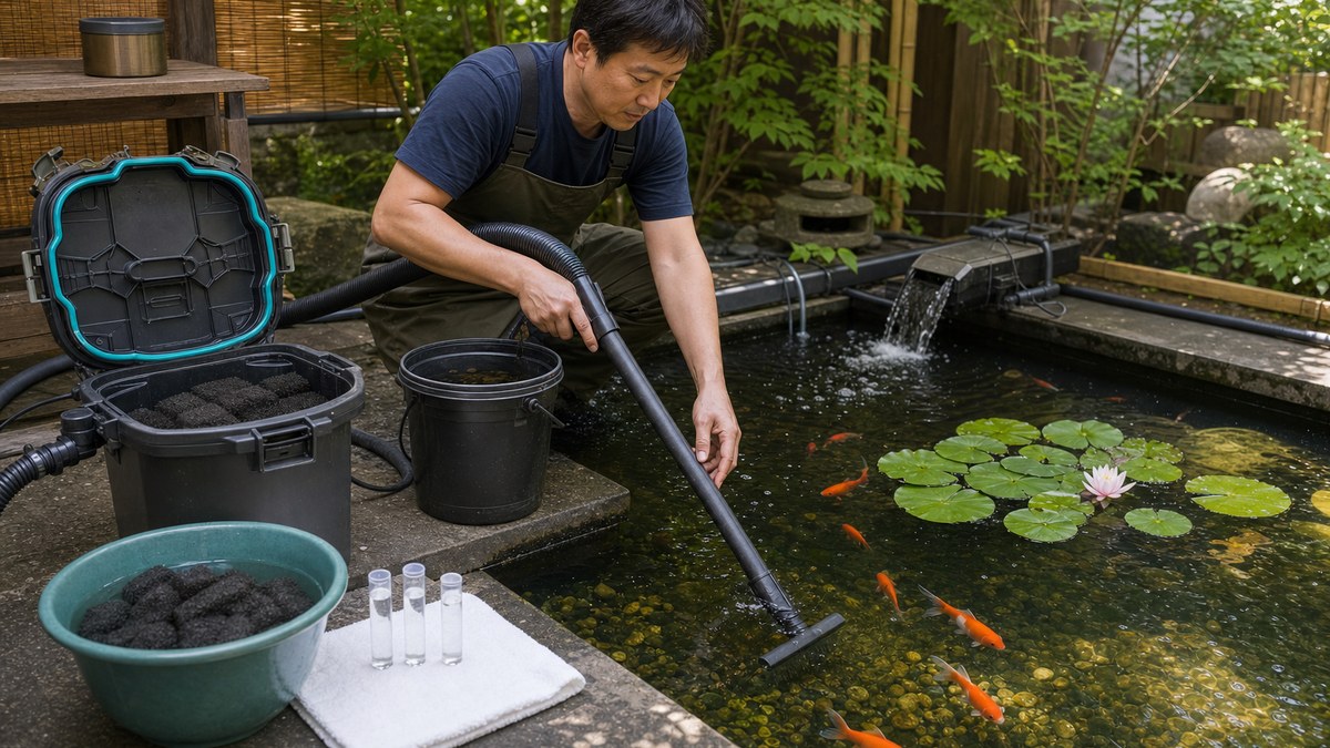底の汚れを一部だけ吸い取り池水でろ材を洗い水質検査用バイアルを準備する金魚池