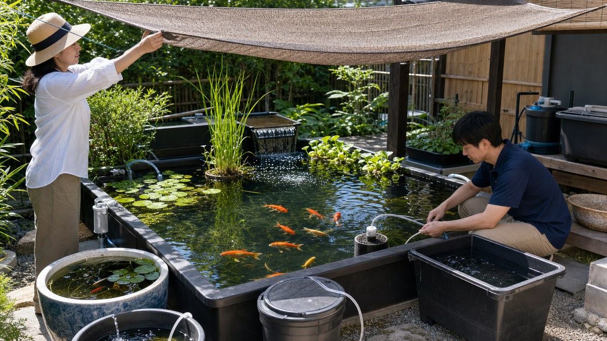 池の上に日よけを追加しエアレーションと戻り水を確認する二人の高水温対応