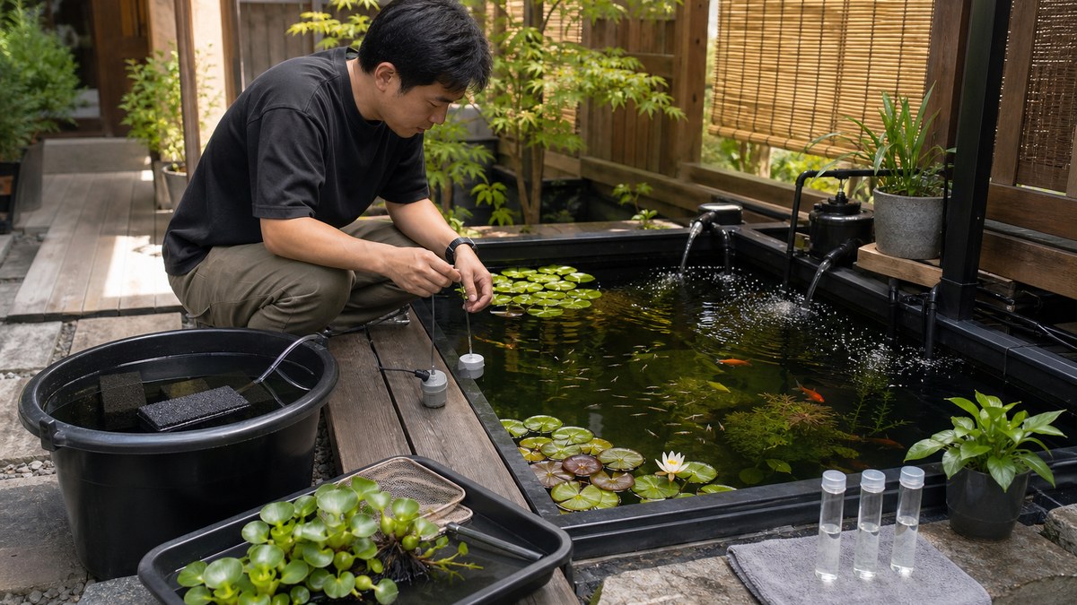 メダカ池を回りながら水温水位・曝気・ろ材・水生植物・水質を順番に点検する飼育者