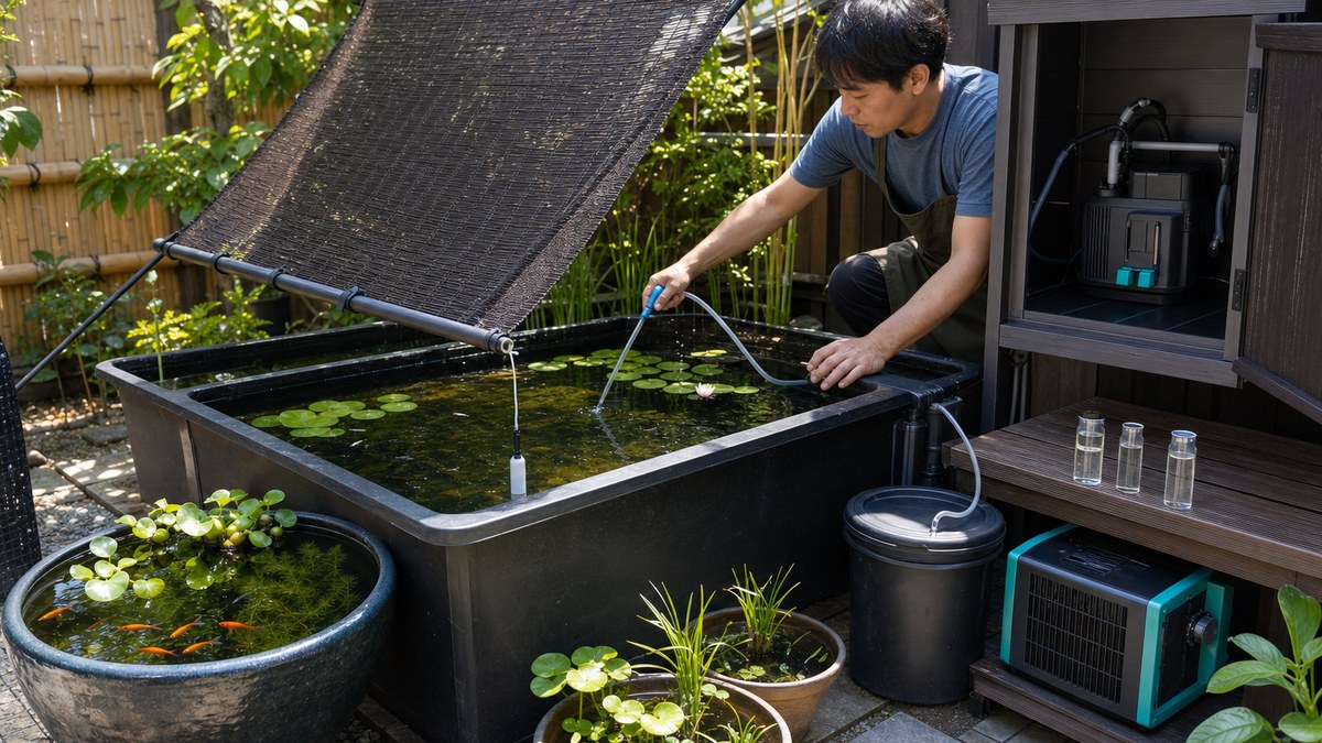 日よけ・水温プローブ・曝気・準備水を常設しチラーを別棚に保管したメダカ池