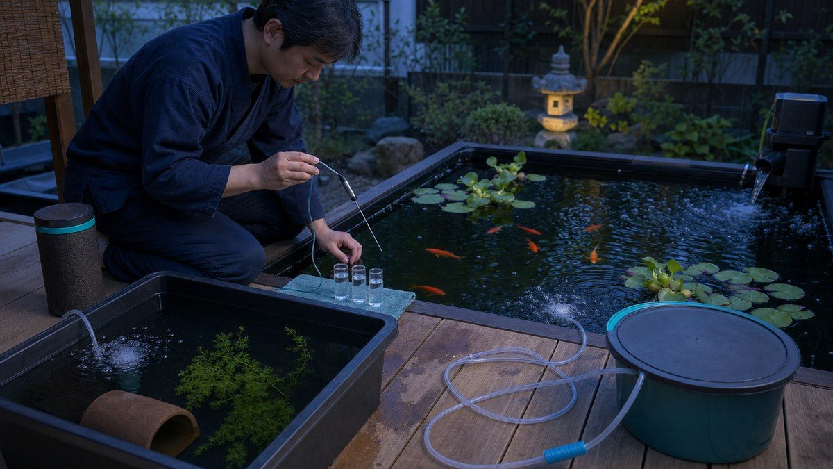 早朝の金魚池で水温・水質・曝気を確認し空の観察容器と準備水を用意する様子