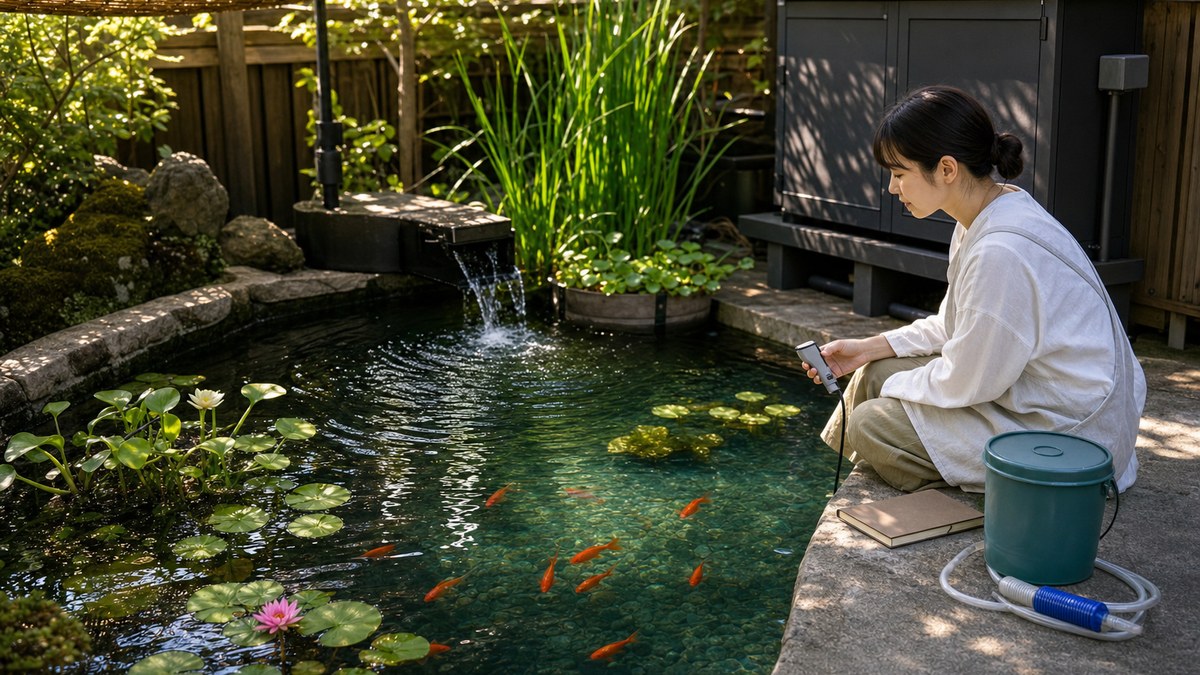 竹の日よけ・開水面・スイレン・戻り水を整え金魚と水温を観察する夏の庭園池