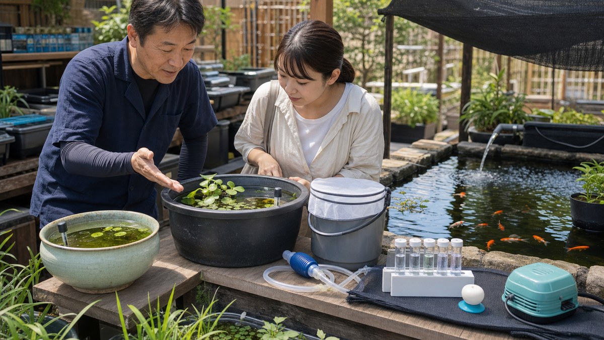 小型メダカ鉢・深いビオトープ容器・日よけ付き金魚池の夏管理を相談する二人