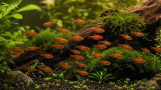 水草水槽で群泳する小型オレンジ色のレッドテトラ