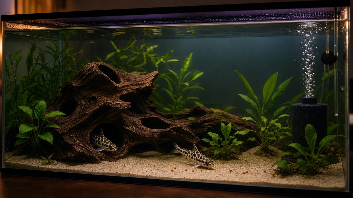 流木の隠れ家と細かな砂を整えたレオパードタティア水槽
